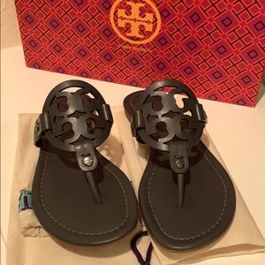 Tory Burch black tumbled leather Emblem sandals